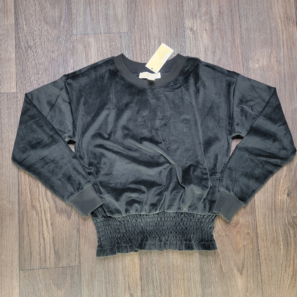 Michael Kors Velour Shirred Waist Pullover Sweater Women's Size XS Black Top New